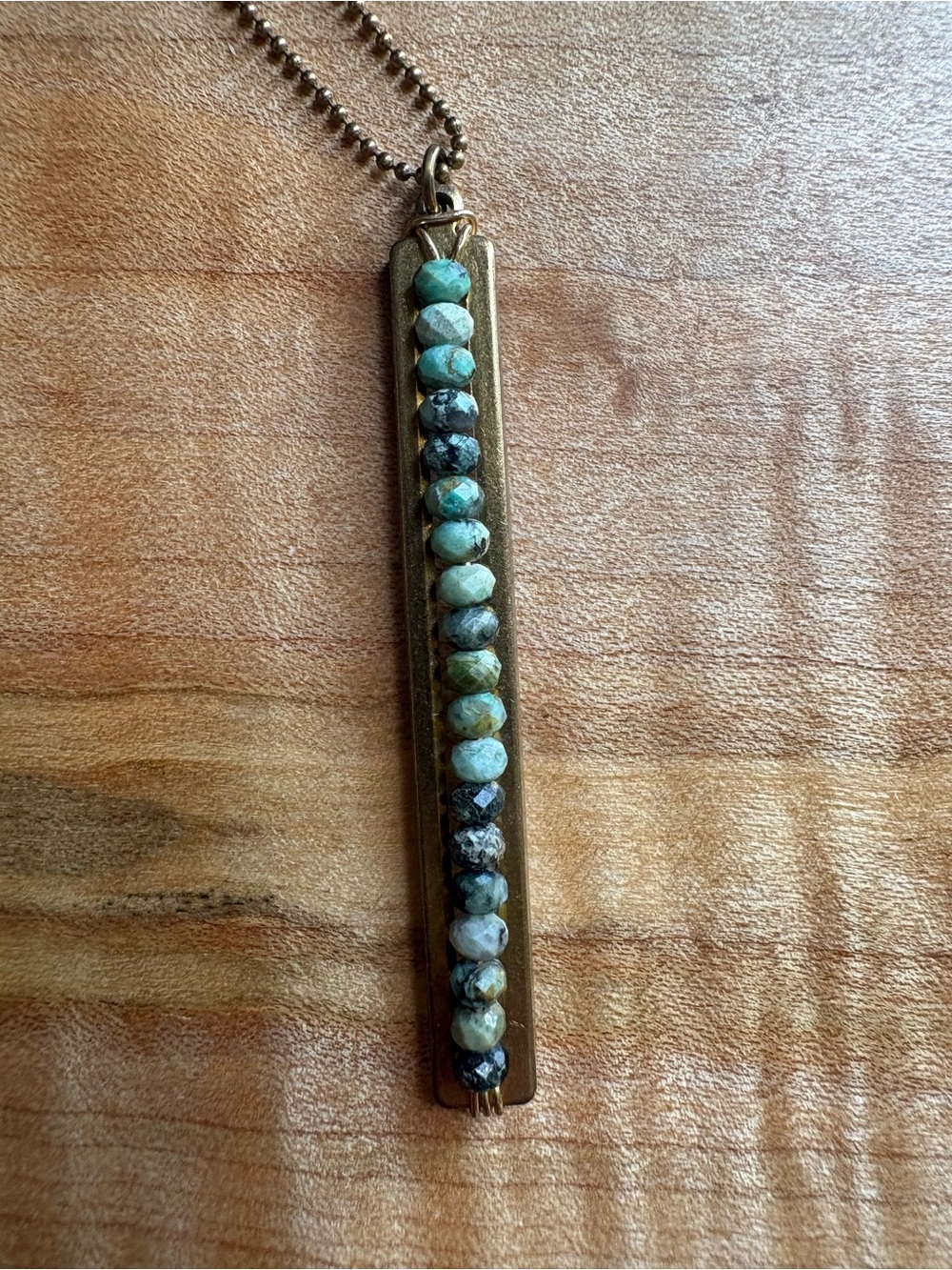 Turquoise Amazonite Bar Pendant Necklace in Antique Gold Tone - Women's Jewelry